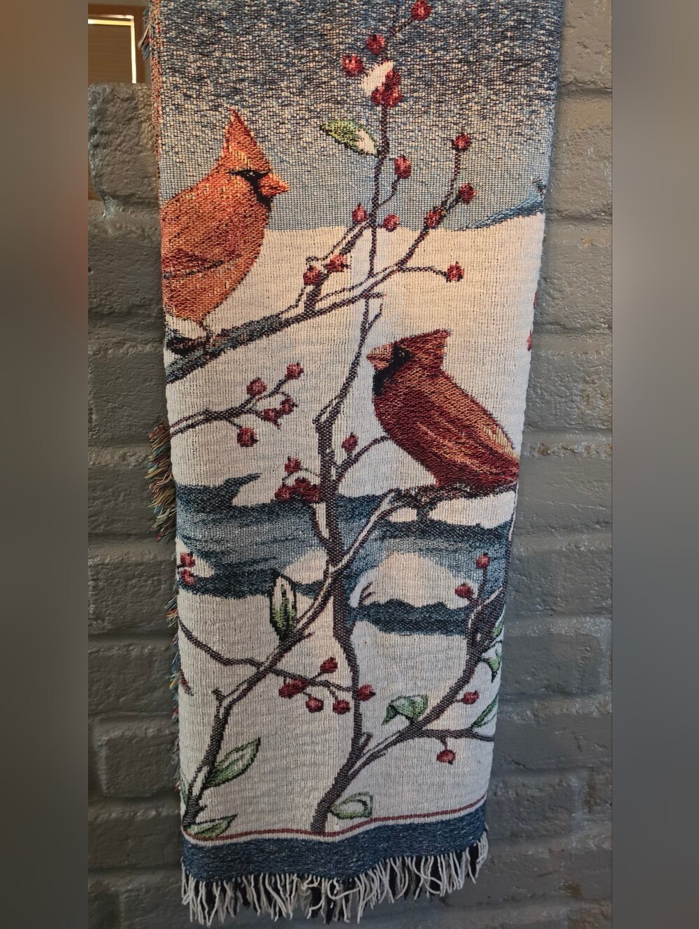 Vintage Winter Cardinals Woven Tapestry Throw Blanket Fringed 42x54 Jacquard